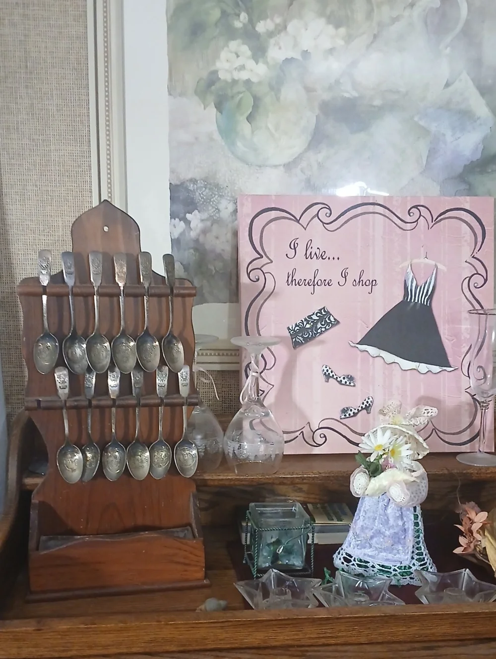 Wood Spoon Rack with Decorative Spoons - Silver Tone